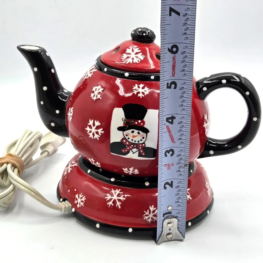 VINTAGE 2004 Red & Black Ceramic Snowman Teapot with Warmer